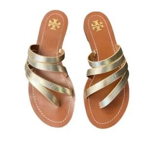 Tory Burch Patos Metallic Leather Sandals Thongs Flats Size 11 EUC Beach Summer